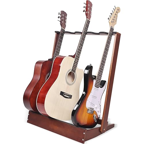 Guitar Stand Rack for Multiple Guitars, 5 holder wood Guitar Stand Folding Guitar Rack for Classical Acoustic, Electric, Bass Guitar Display
