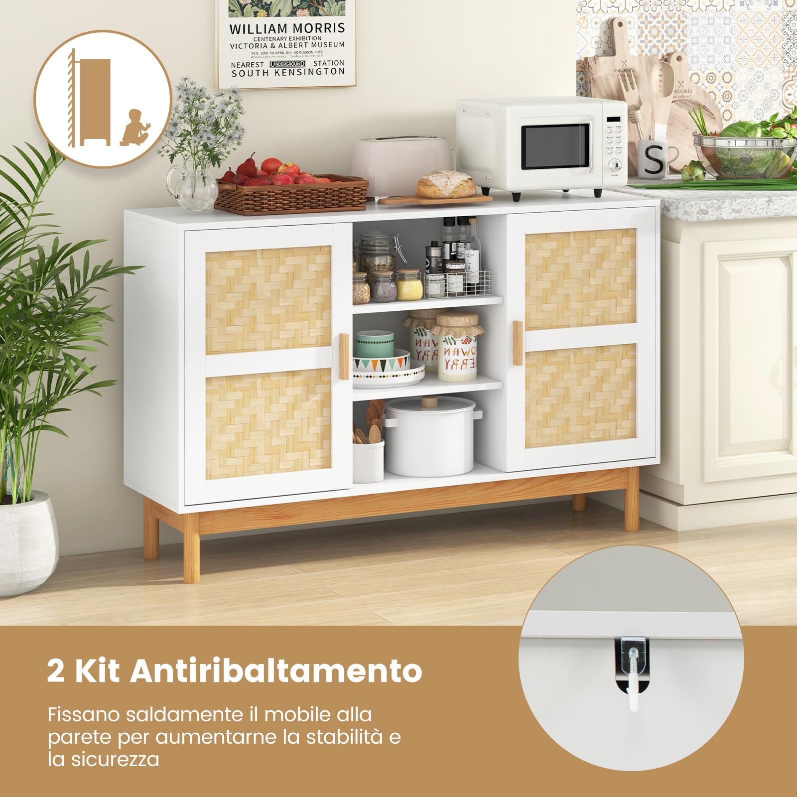 COSTWAY Credenza Buffet da Cucina, Mobile da Cucina con 2 Porte Intrecciate in Bambù, 3 Ripiani Aperti, per Cucina, Sala da Pranzo, Soggiorno e Ingresso, 120 x 35 x 78 cm