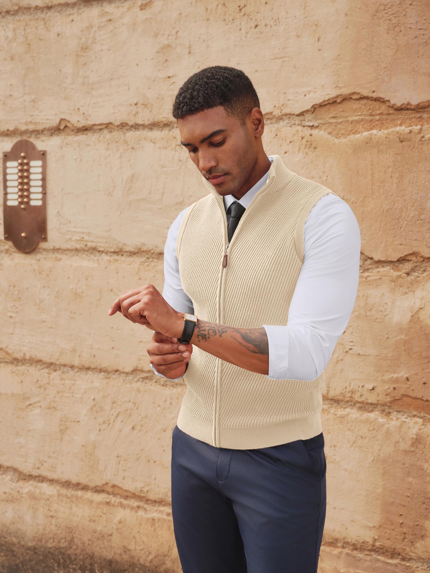 PJ PAUL JONES Chaleco de punto para hombre, cuello alto falso, cremallera completa