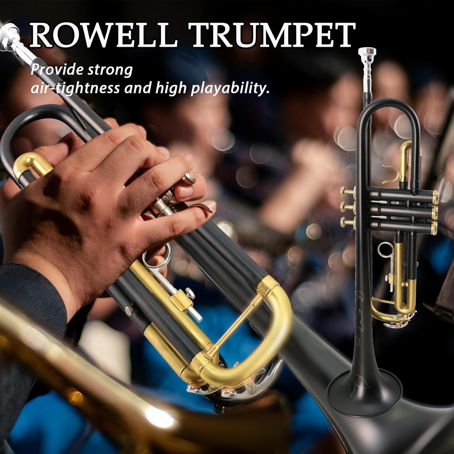 ROWELL Bb Trumpet Professional Trumpets for Adult Standard Trumpet Set for Beginner Student Brass Trunpet with Deluxe Hand Case,7C Mouthpiece,Cloth,Gloves,Trumpet Stand (Nickel Black)