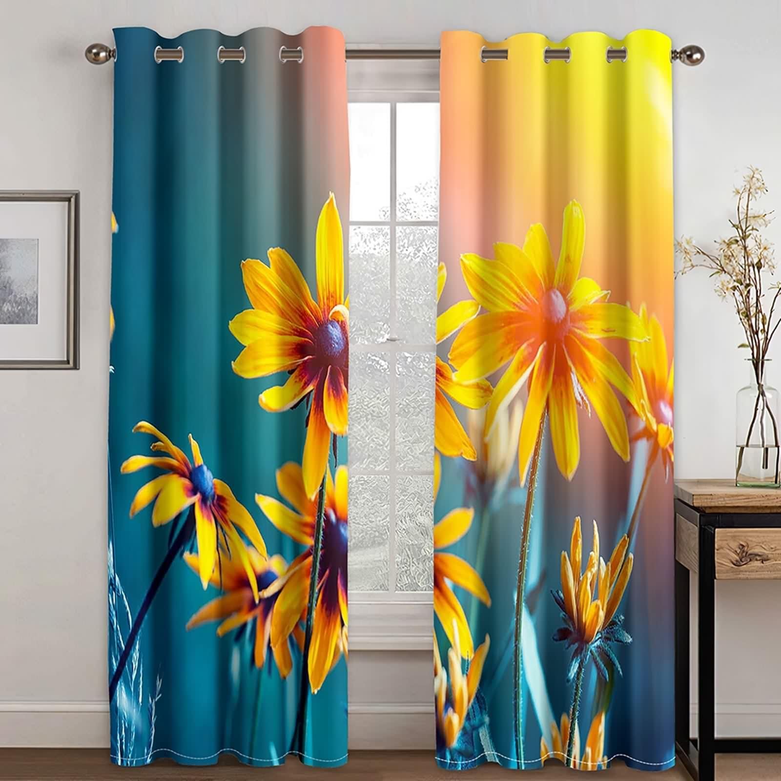 Firanki o wysokości 160 cm, wzór zasłony żółte, niebieskie, zielone, poliester, chryzantemy, zestaw 2 sztuk, szer. 132 x wys. 160 cm