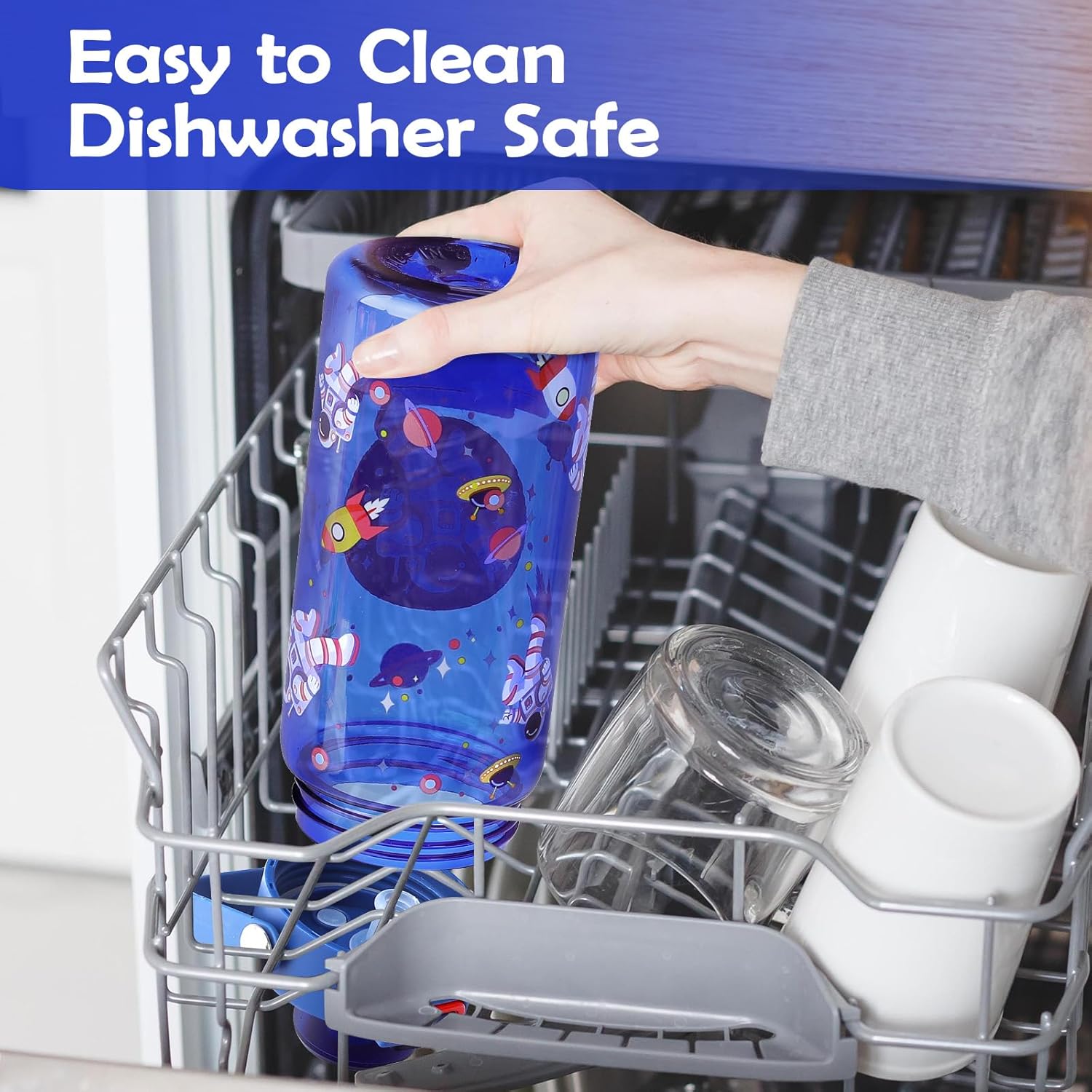 20oz Kids Water Bottle For School or Travel, Leak-Proof & Dishwasher, Durable Plastic Sport Water Bottle With Straw and Handle, Astronaut