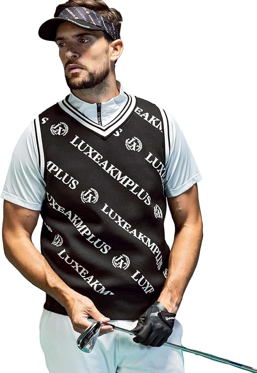 リュクスエイケイエムプラス 新品 ゴルフ 総柄ロゴ ニットベスト 春夏