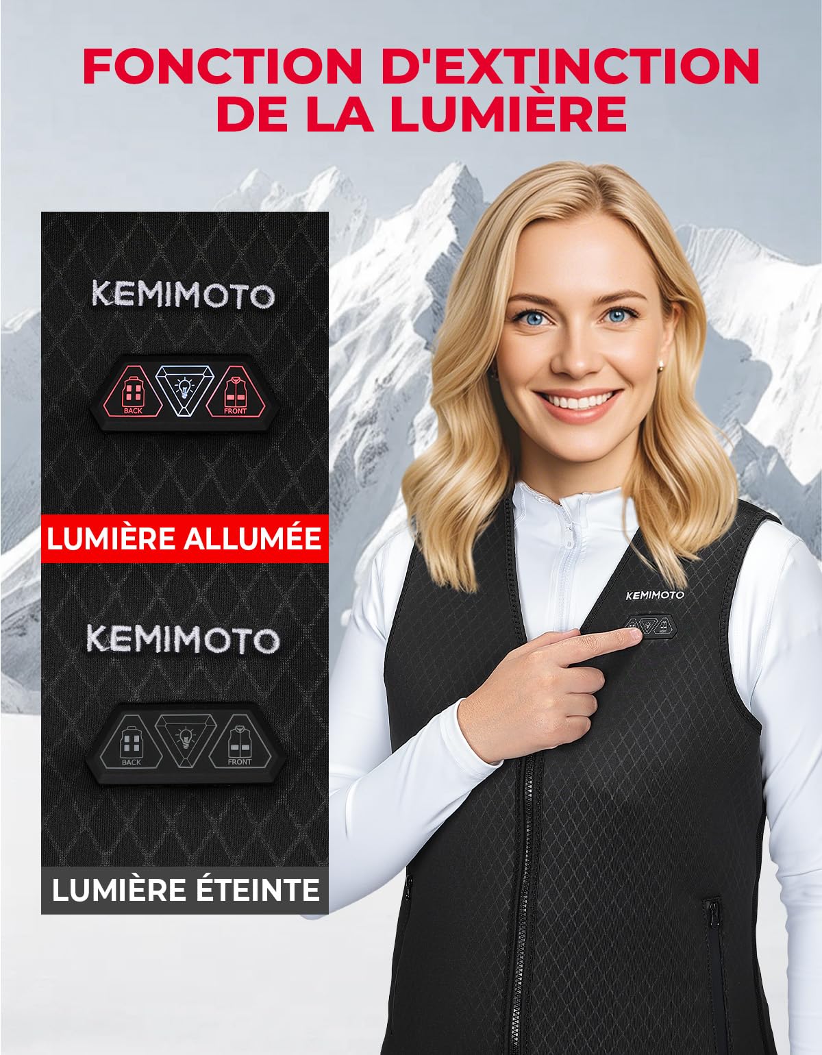 KEMIMOTO Gilet Chauffant Femme, 6 Zones de Chauffage, 3 Niveaux de Chauffage, Idéal pour le Camping, Ski, Pêche