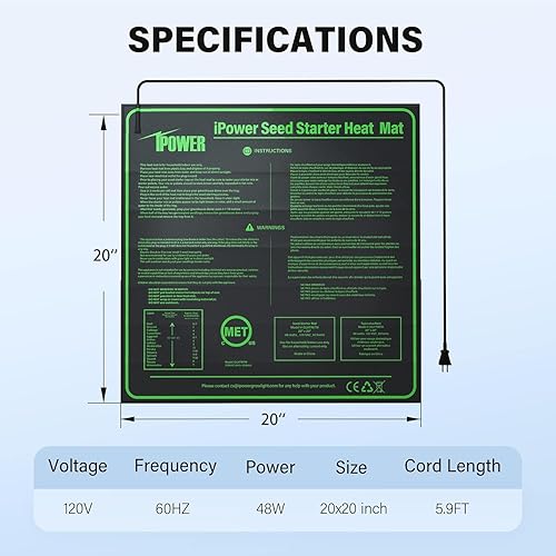 Miniatura 134 de iPower Alfombrilla térmica duradera de 10 x 20 pulgadas con certificación ETL, cálida almohadilla de calentamiento hidropónico para germinación