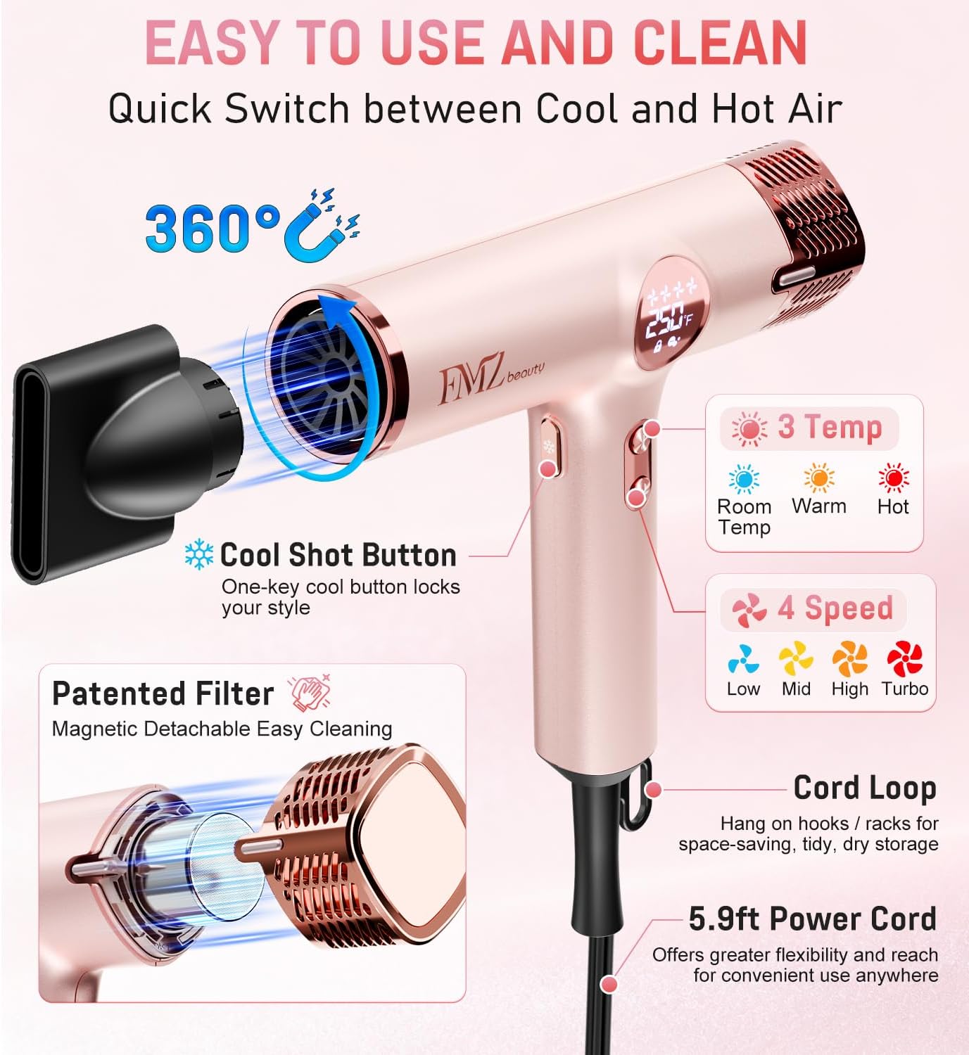 FMZ Professional Hair Blow Dryer with Smart Display, 1875W High Speed BLDC Motor for Fast Drying, Portable Mini Lightweight Quiet, Pink Curly Ionic Diffuser HairDryer for Women Girls Teen Salon Travel