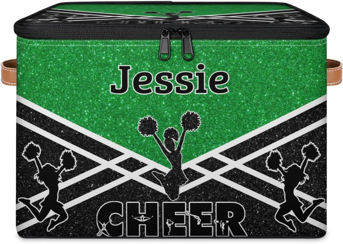 Custom Name Cheerleader Storage Bins with Zipper Lid, Personalized Foldable Storage Boxes Cheer Storage Baskets Closet Shelf Clothes Organizer Container, Green