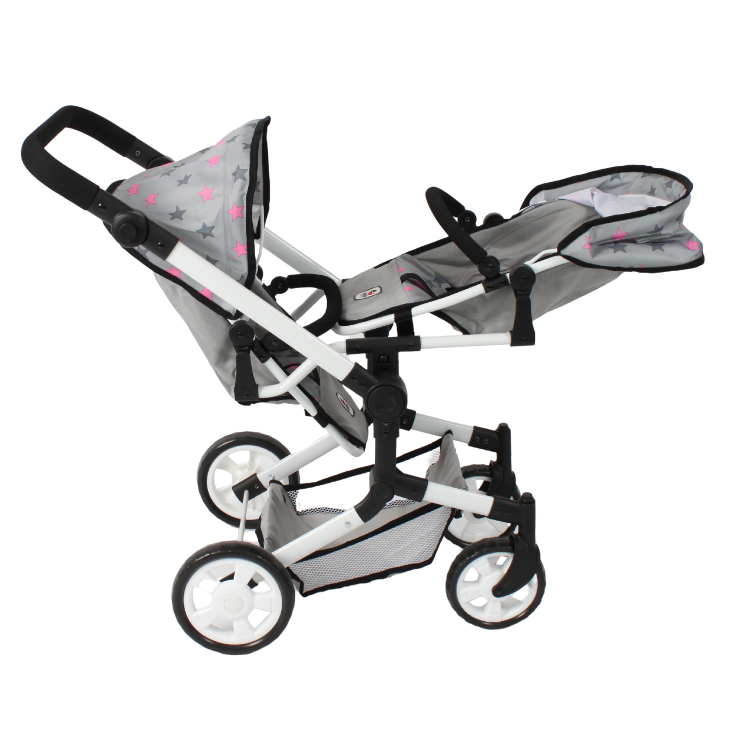 Bayer Chic 2000® Wózek dla lalek Linus Duo – gwiazdka szara – składany wózek dla lalek bliźniaczych – regulowany uchwyt 50-82 cm – lalki do 50 cm – 4-8 J.