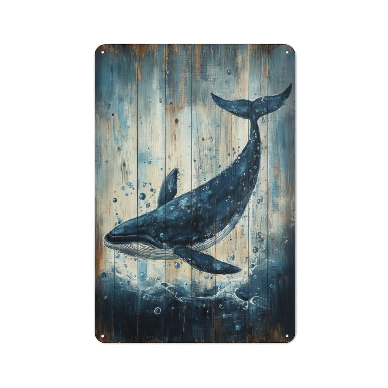 Junmoney Whale Art On Wood Panel Ocean Folk Art Print Retro Metal Sign 30X20cm For Garden Room Or Summerhouse, For Garden Room Decor Fans