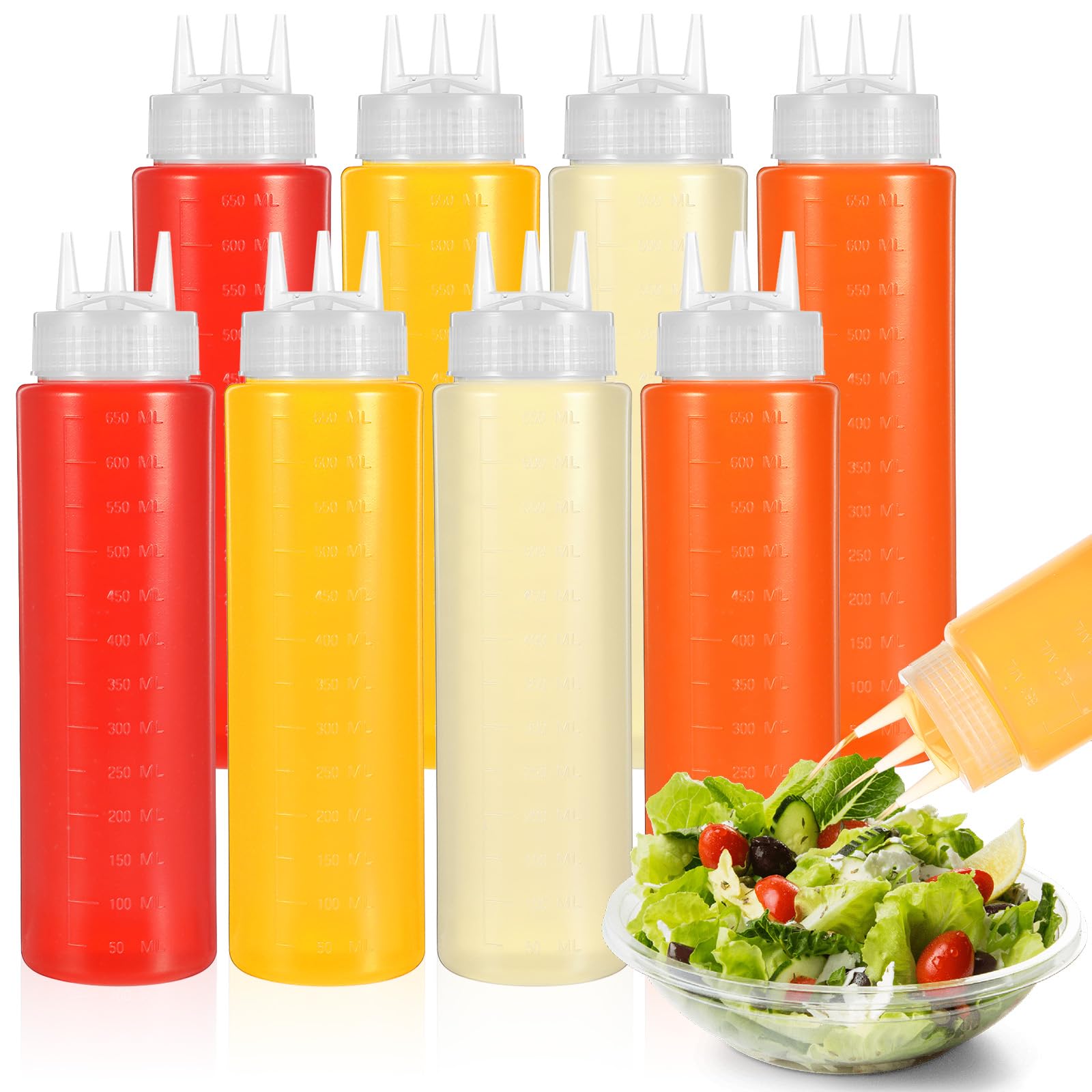MAQUITA 8 Pack 23oz Plastic Squeeze Condiment Bottles 3 Holes Sauce Squeeze Bottle Squirt Bottles for Syrup Ketchup Dressing Oil Honey