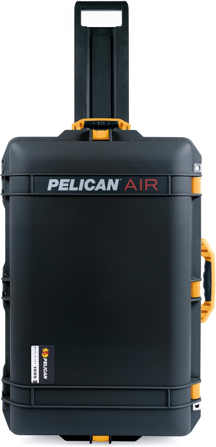 ColorCase Pelican 1595 Case Black - Large Sized Waterproof Case with Grey Padded Dividers & Combo Pouch Lid Organizer- Yellow Handles & Latches
