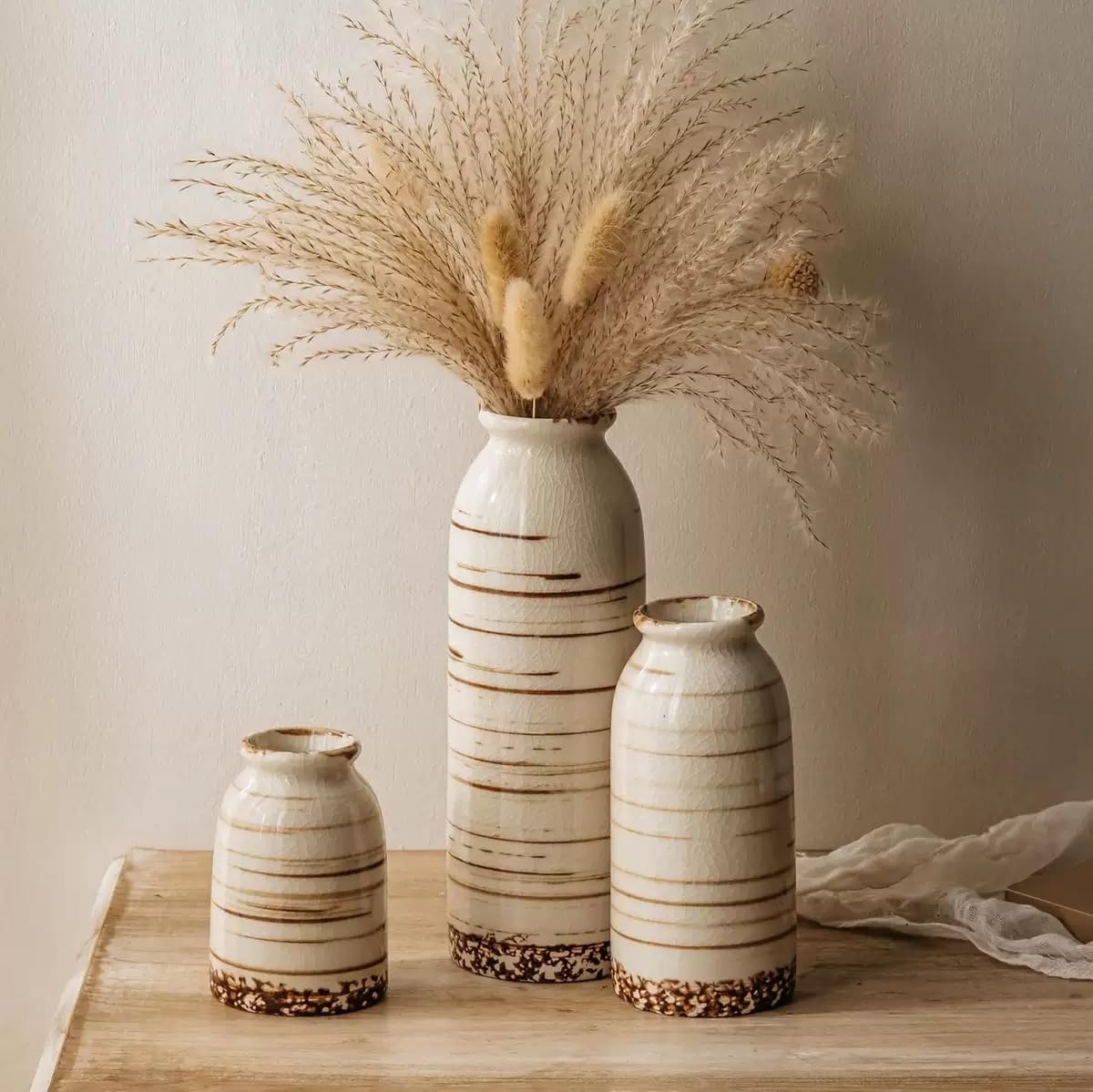 Rustic Ceramic Vase Set of 3 - Beige Rustic Vases for Flowers,Farmhouse Flower Vases for Home Decor,Small Decorative Vase Set for Living Room,Table Shelf,Centerpieces and Fireplace Decorations - Image 5