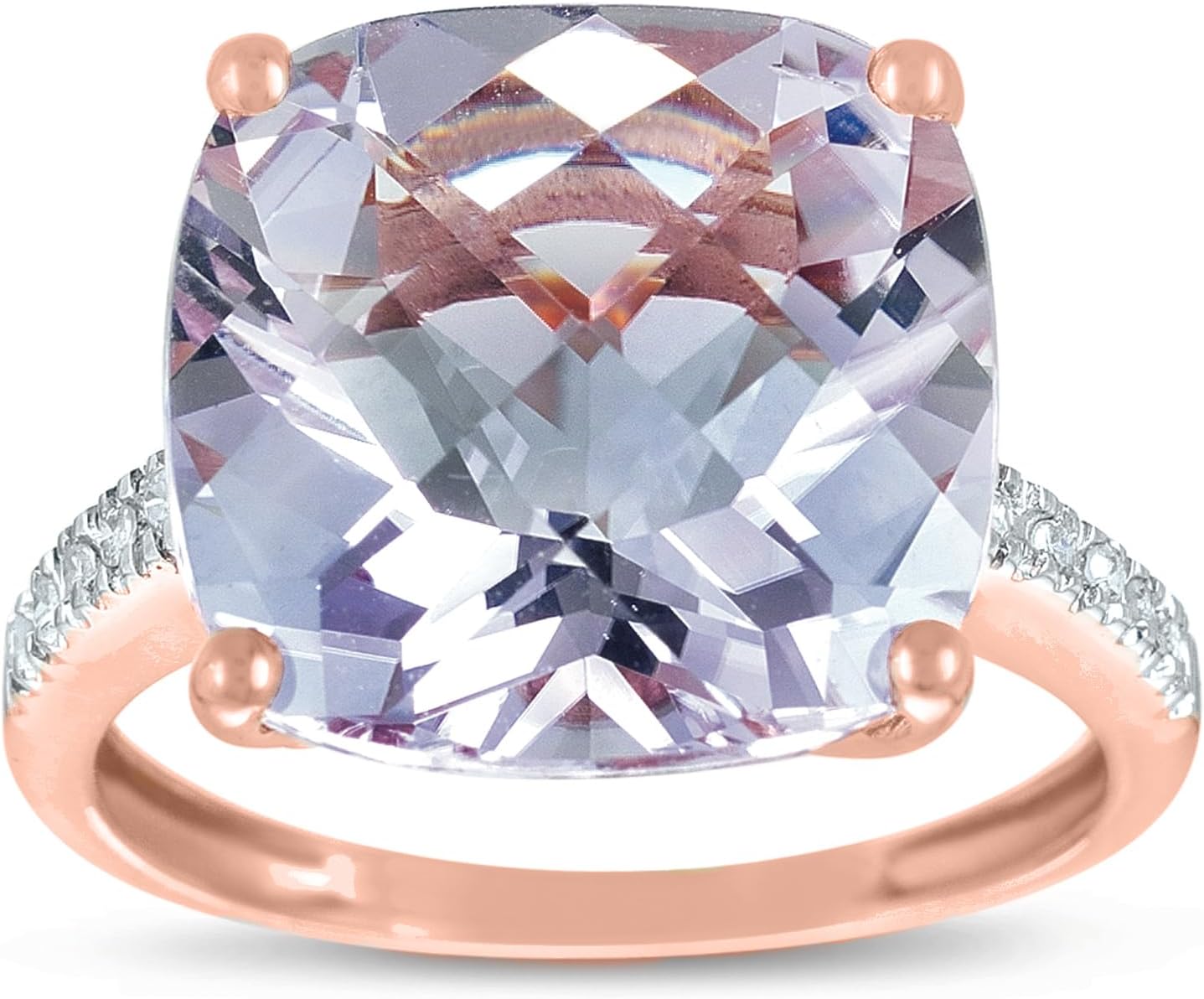 14K Rose Gold Genuine Pink Amethyst Cushion 9 Ct, Diamond Statement Ring