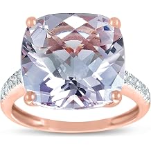 14K Solid Rose Gold Genuine Pink Amethyst Cushion 9 Ct, Diamond Statement Ring