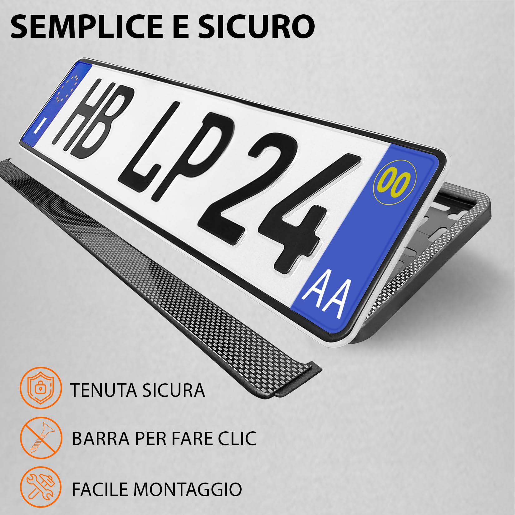 Portatarga Auto - Supporto Targa - [semplice, durevole e sicuro] - 8 viti - 520x110 mm - Carbonio effetto - Porta Targa - adatto a qualsiasi auto - per targhe italiane omologate - Fissaggio per Targa