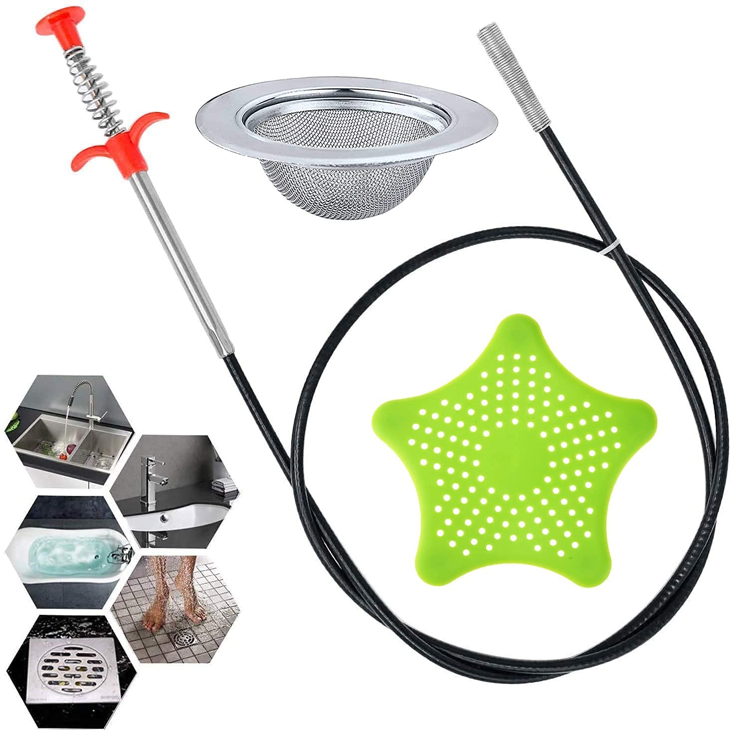 AAVAD Drain Cleaner Stick For Sink Clogged Pipe Cleaning Spring Wire, Stainless Steel Strainer Kitchen Drain Basin Basket Filter Stopper Drainer Sink Jali,Star Bathroom Silicone Hair Catcher Bath (B094G4BMGW) Amazon Price History, Amazon Price Tracker