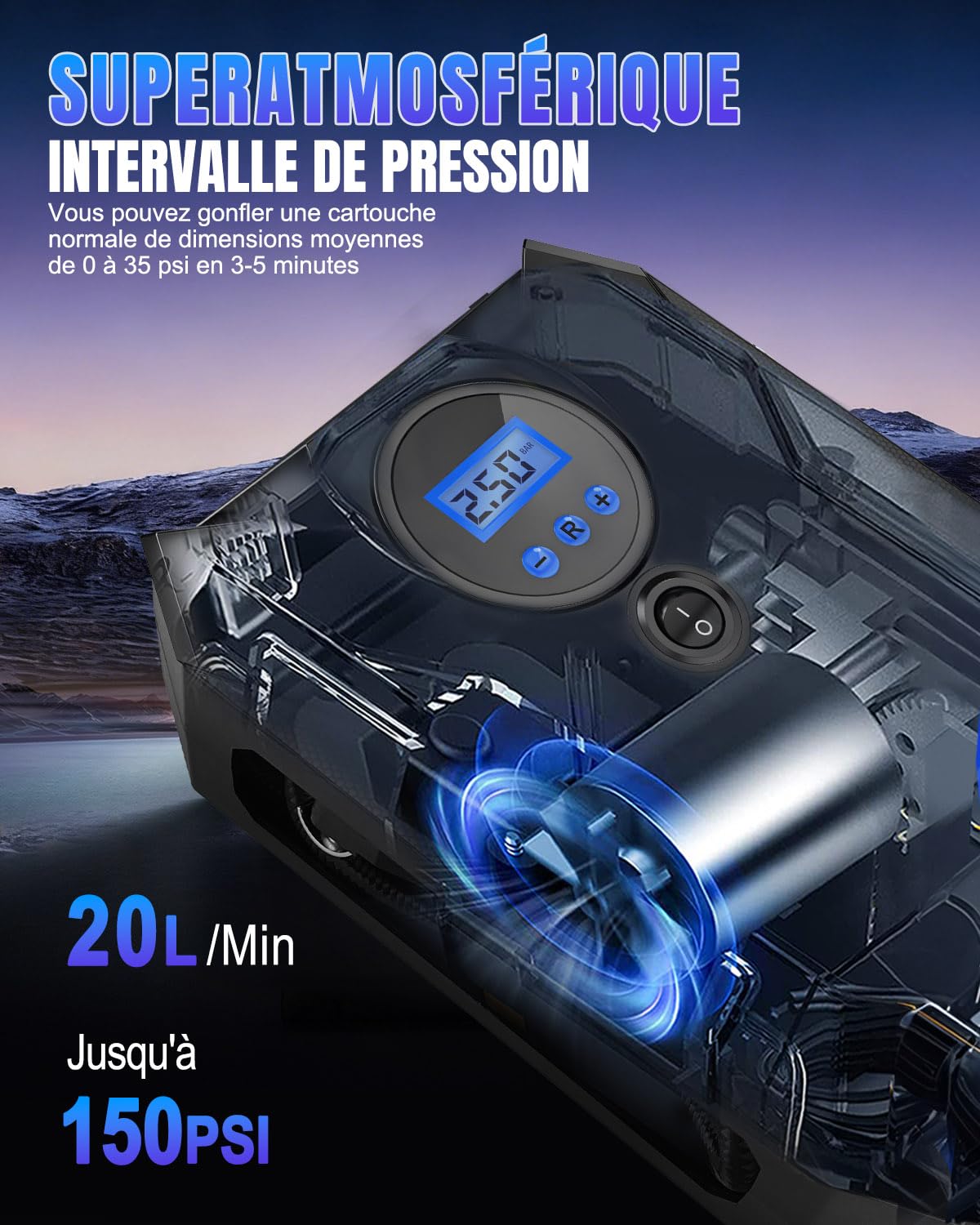 Gonfleur Pneus Voiture Portable 12V, Gonflage Rapide avec Écran Numérique HD, Mémoire Intelligente, Arrêt Automatique, 4 Unités de Mesure, Lumière LED, Idéal pour Vélo, Moto, Ballon (Bleu)