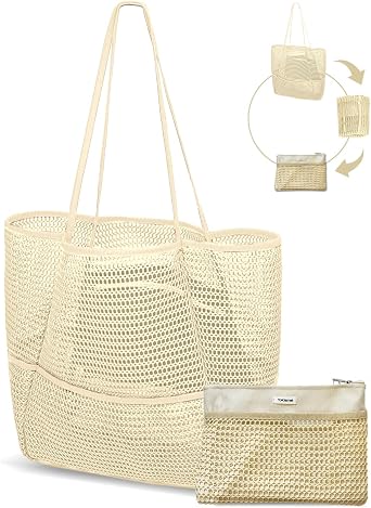 Mesh Beach Tote Bag for Women, 2-in-1 Large Lightweight Foldable Design | Packable into Matching Makeup Pouch | Multiple Pockets | Quick-Dry Sandproof Mesh | Beach, Pool, Travel, Shopping & Gym