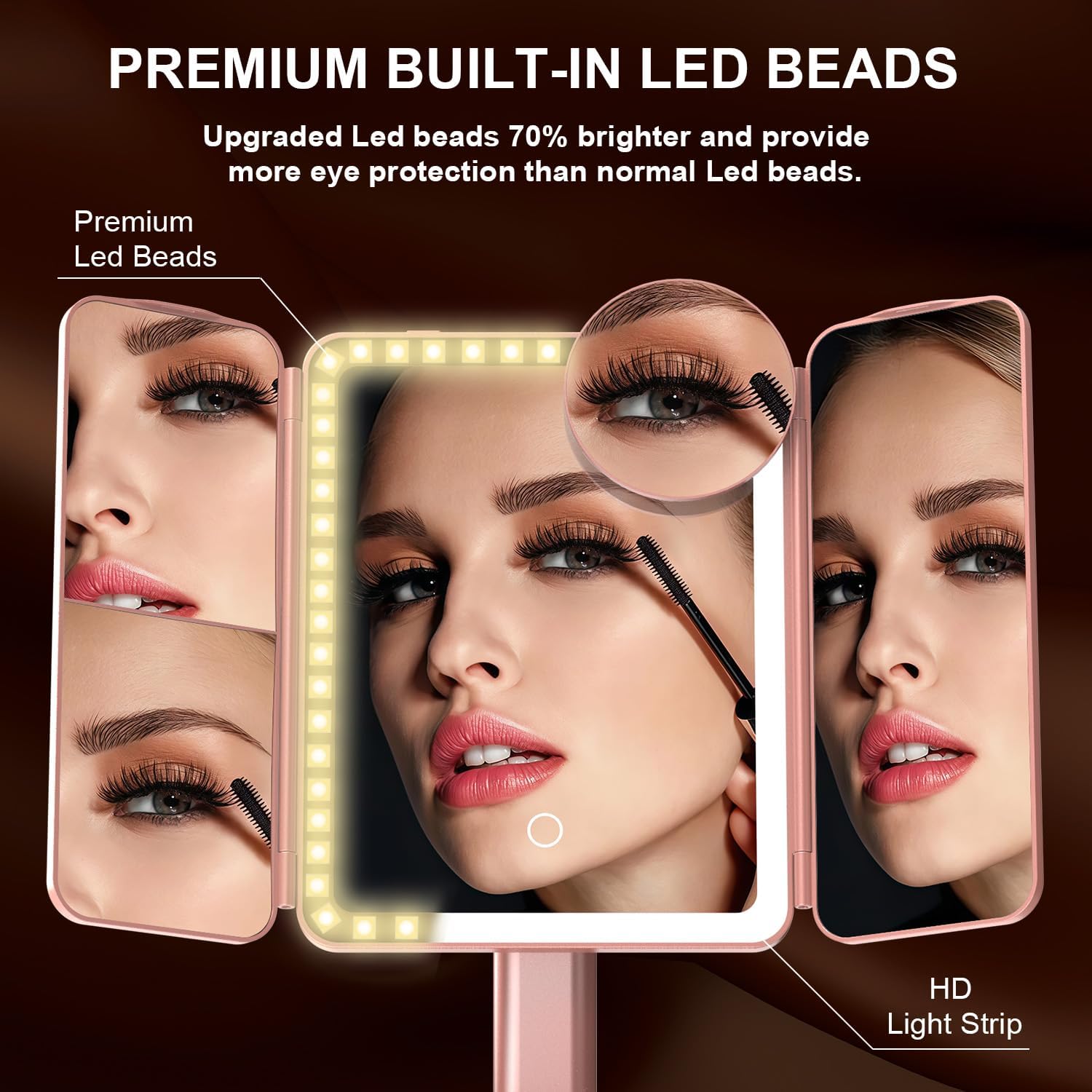 Mocado Makeup Mirror with Lights, 20X/7X/3X Magnifying Mirror with Light, Rechargeable & Height Adjustable Lighted Makeup Mirror, Vanity Mirror with 3 Colors Lights, Detachable Design(Rose Gold)