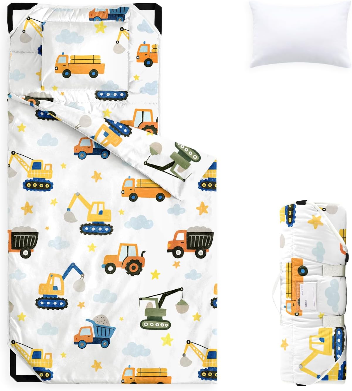 Cot Nap Mat with Pillow and Blanket, for Toddler Kids Boys in Daycare Kindergarten Preschool Pre K with Elastic Corner Straps, Cartoon Construction Car, White