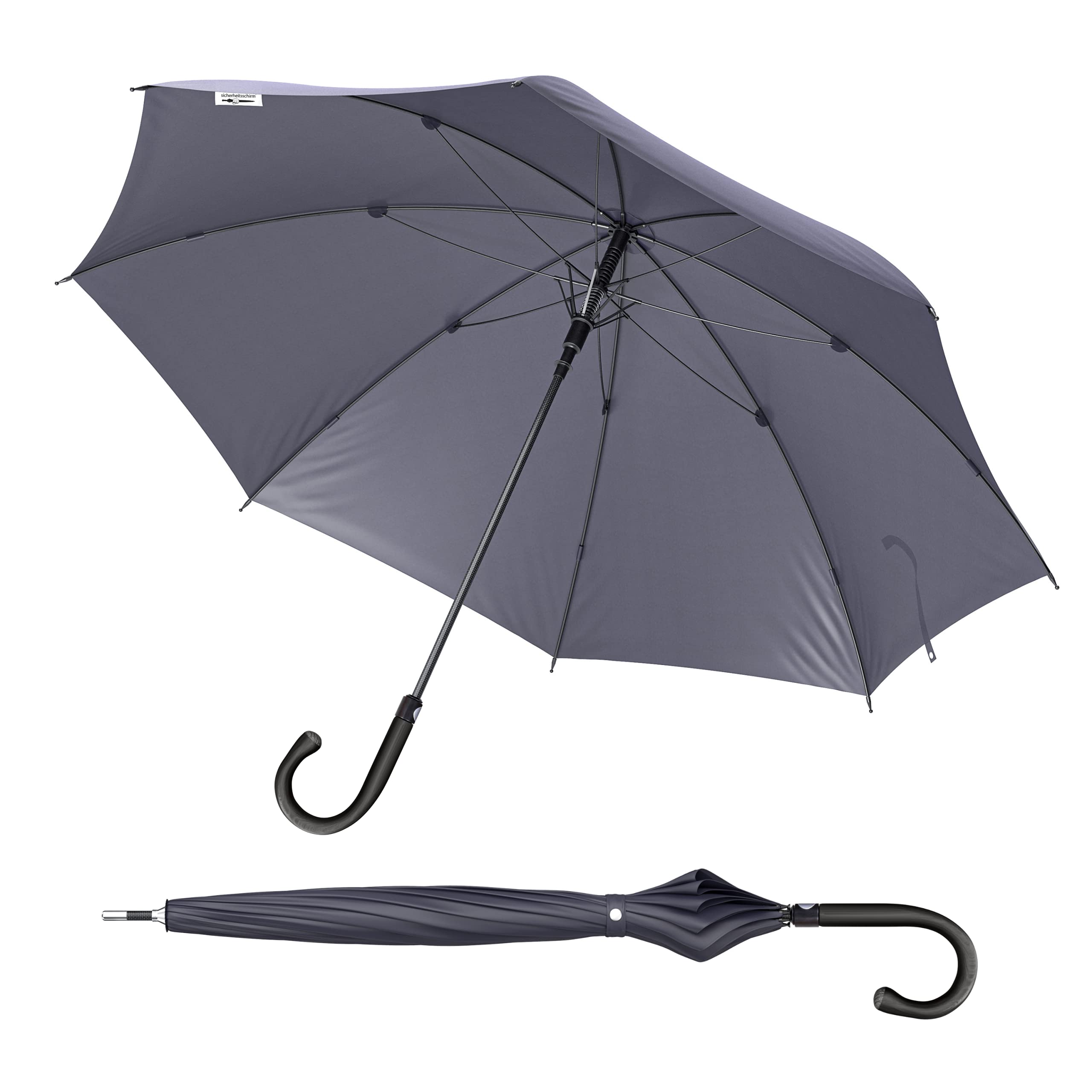 Sicherheitsschirm Standard mit Videokurs | Stabiler Herren-Regenschirm | Rundhaken schwarz | 92 cm