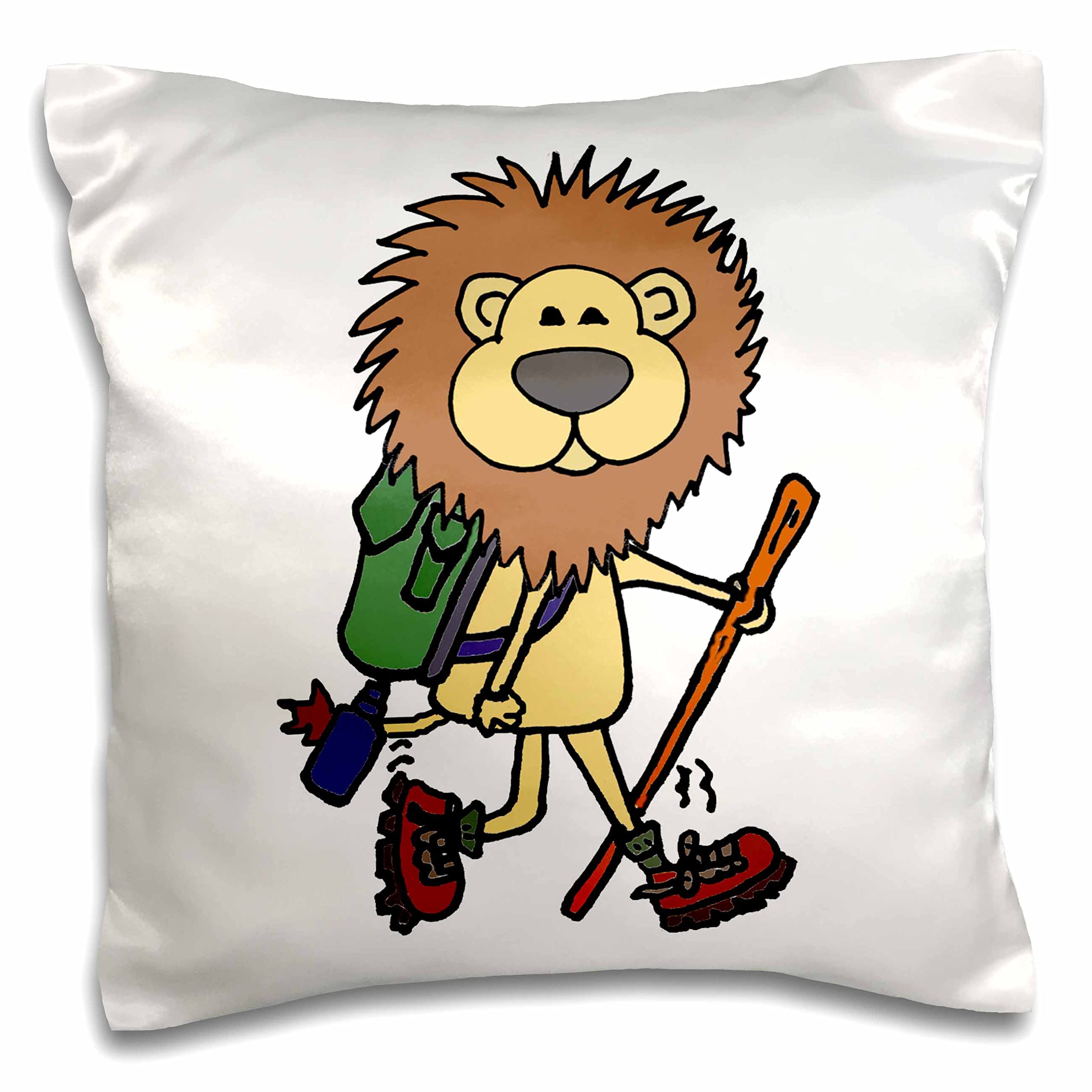 3dRose Smiles Art-Animals-Funny Cute Lion Jungle Cat Hiker Hiking and Camping Cartoon (pc-342244-1) Pillow Case, White