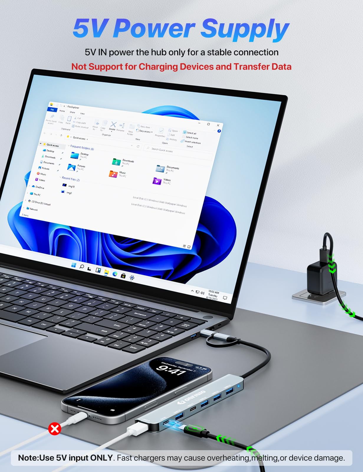 ONFINIO Hub USB C Hub wieloportowy adapter, 7 w 1 aluminiowy koncentrator USB 3.0 z 1 * USB 3.0, 4 x USB 2.0, 1 x USB C i 1 x port zasilania 5 IN do PC/laptopa/MacBooka/iPada Pro i innych urządzeń