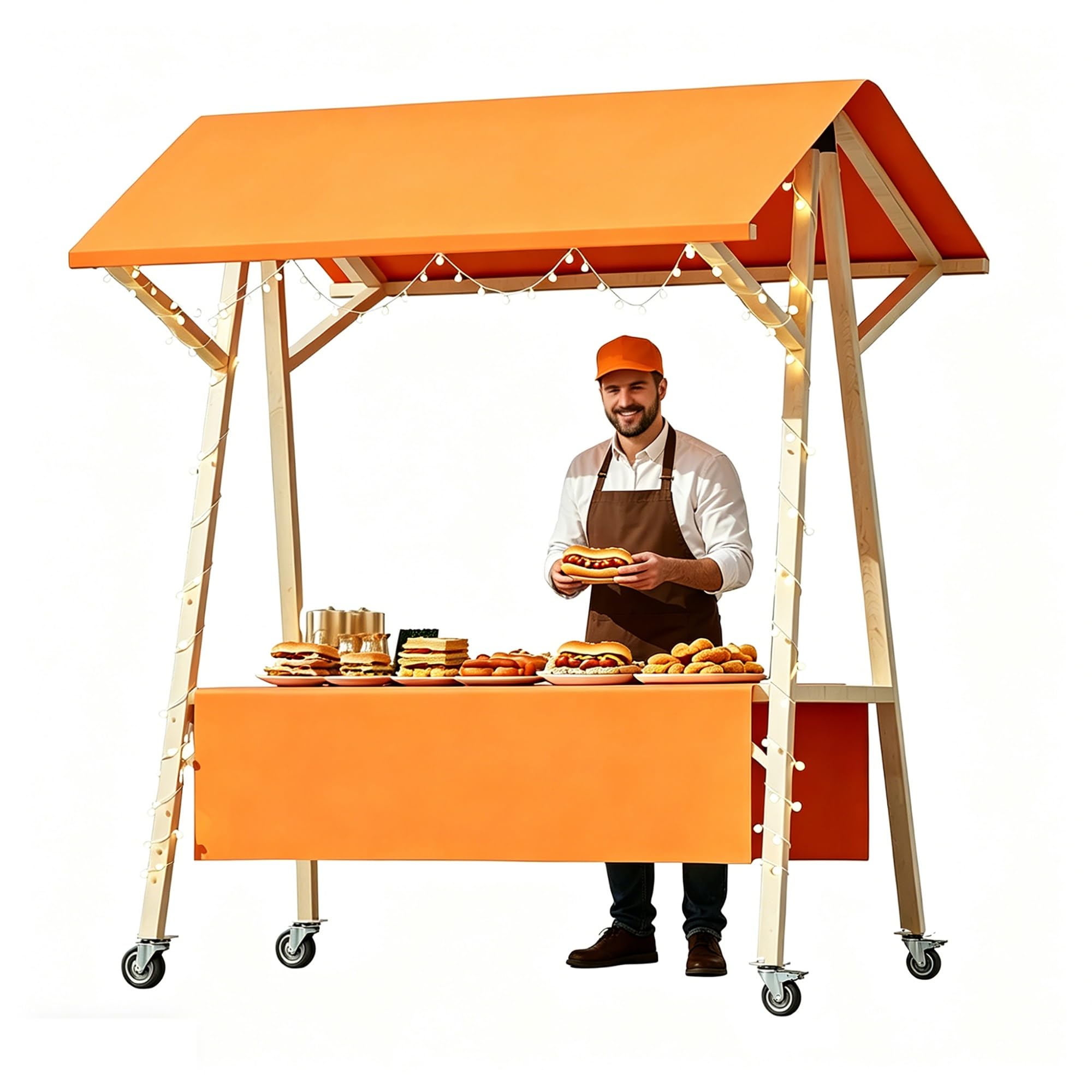 Komercyjny Drewniany Wózek na Kołach, Składane Stoisko Sprzedajne z Daszkiem, Stoisko Targowe o Udźwigu 100kg dla Jedzenia Ulicznego(Orange,59in/150cm)