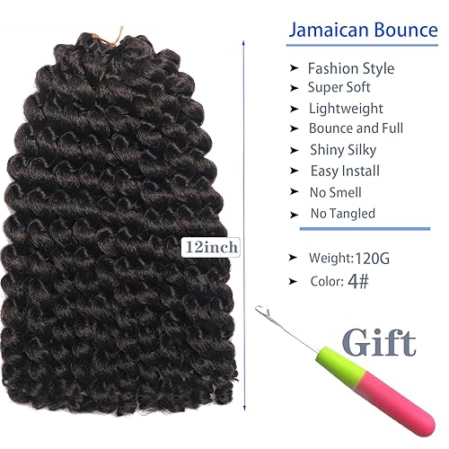 Miniatura 3 de 3 paquetes de 2 extensiones de cabello sintético rizado de ganchillo jamaicano con rebote de 12 pulgadas, longitud media hasta el hombro, 20 raíces