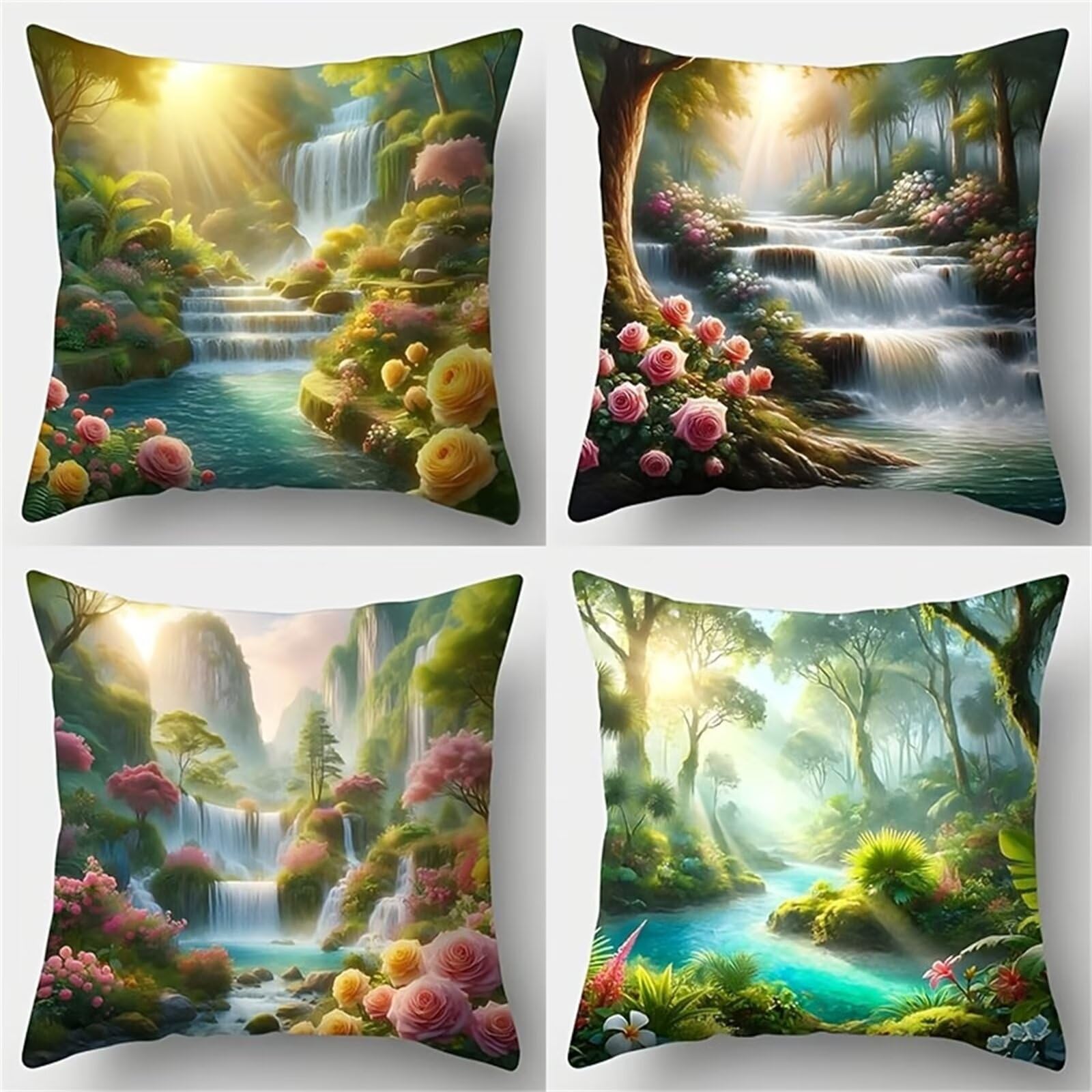 Heaen Outdoor Cushions Covers Waterproof 45x45 cm Set of 4 Square Linen Pillow Cases Sunrise Waterfall Flowers Decorative Dushions for Sofa Porch Patio Home Decor