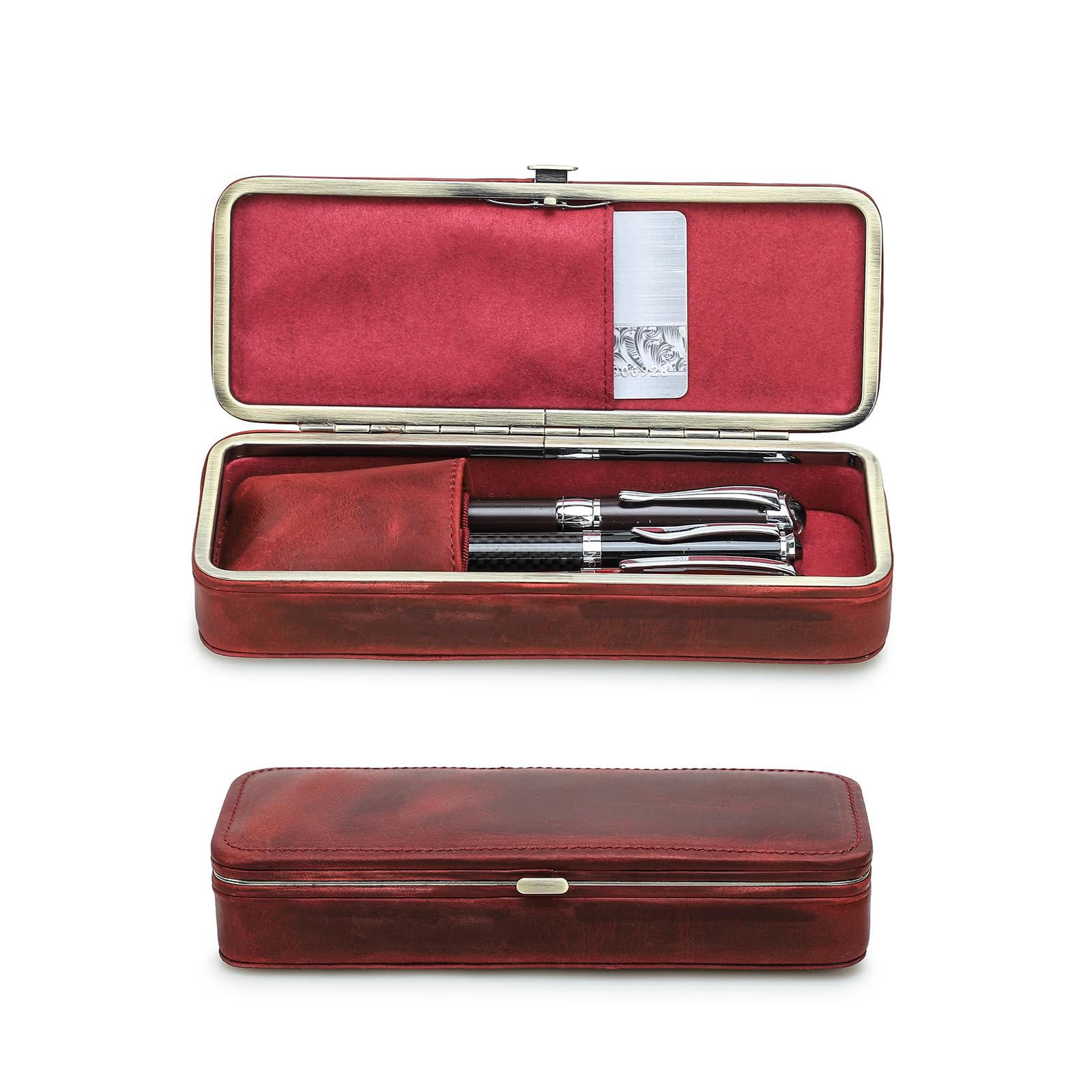 Full Grain Leather 3-Pen Case with Card Slot and Metal Frame