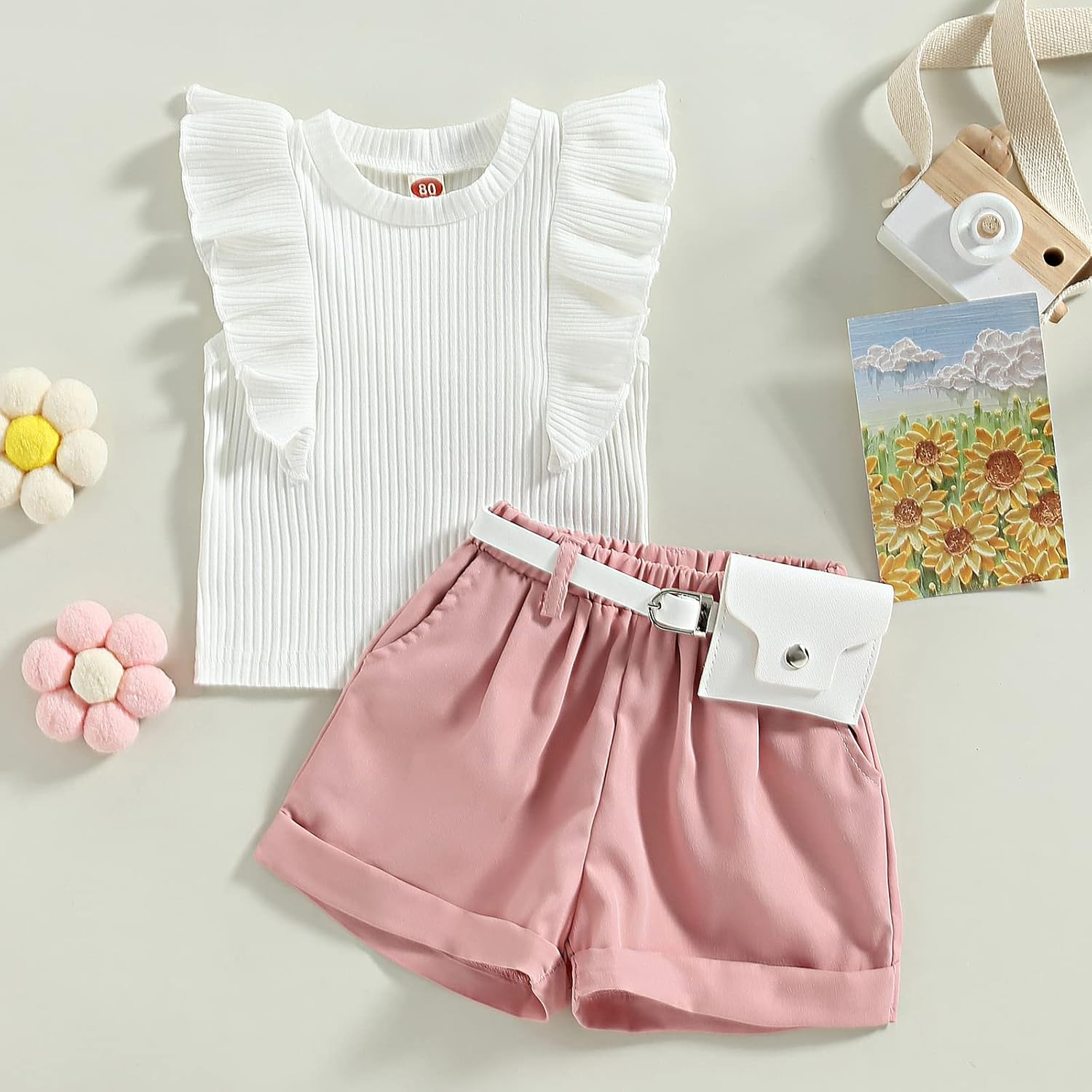 Miniatura 3 de Conjunto de ropa de verano para niña pequeña, con volantes, sin mangas, acanalada, pantalones cortos de cintura elástica con cinturón, ropa de moda