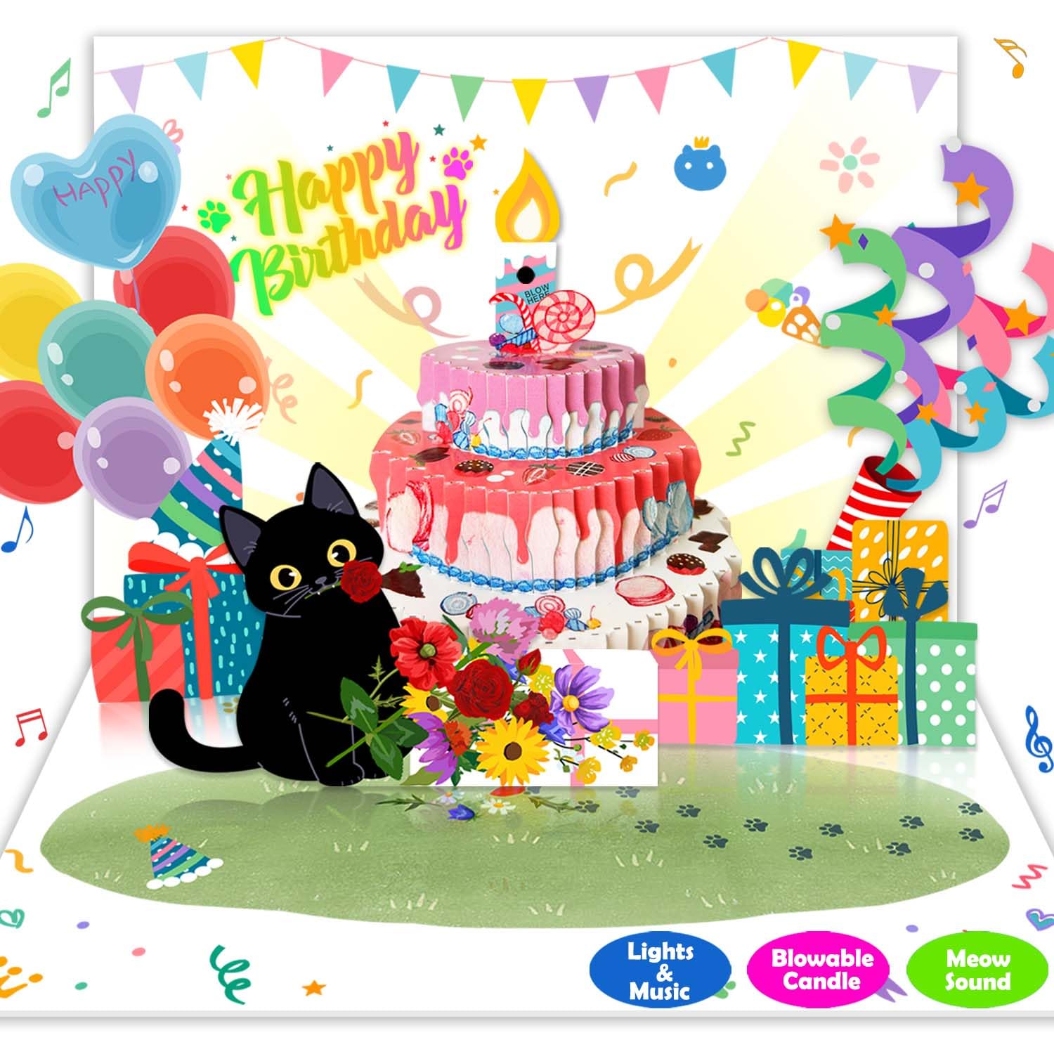 Birthday Cards,Pop Up Cat Flowers Cake Ballon Ribbon Gift Box Colorful Design, with Meow,Happy Birthday Music,Blowable Candle,Lights,Age