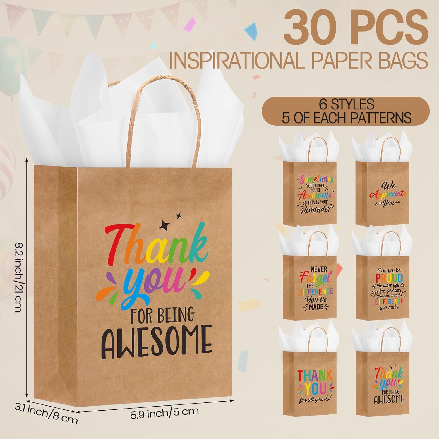 Resholder 30 Pcs Employee Appreciation Gift Bags with Tissue Papers Thank You Paper Bags with Handles Inspirational Quote Treat Pouches Christian Church Gifts for Team Coworker Staff Teacher Nurse