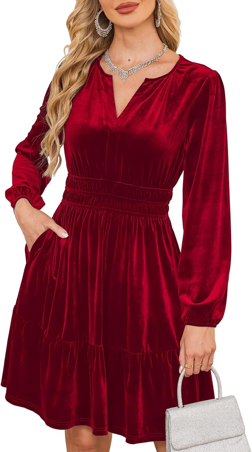Sexyasasii Womens Velvet Dress V Neck Empire Waist Elegant Long Sleeve Cocktail Party Fall Winter Mini Dress with Pockets