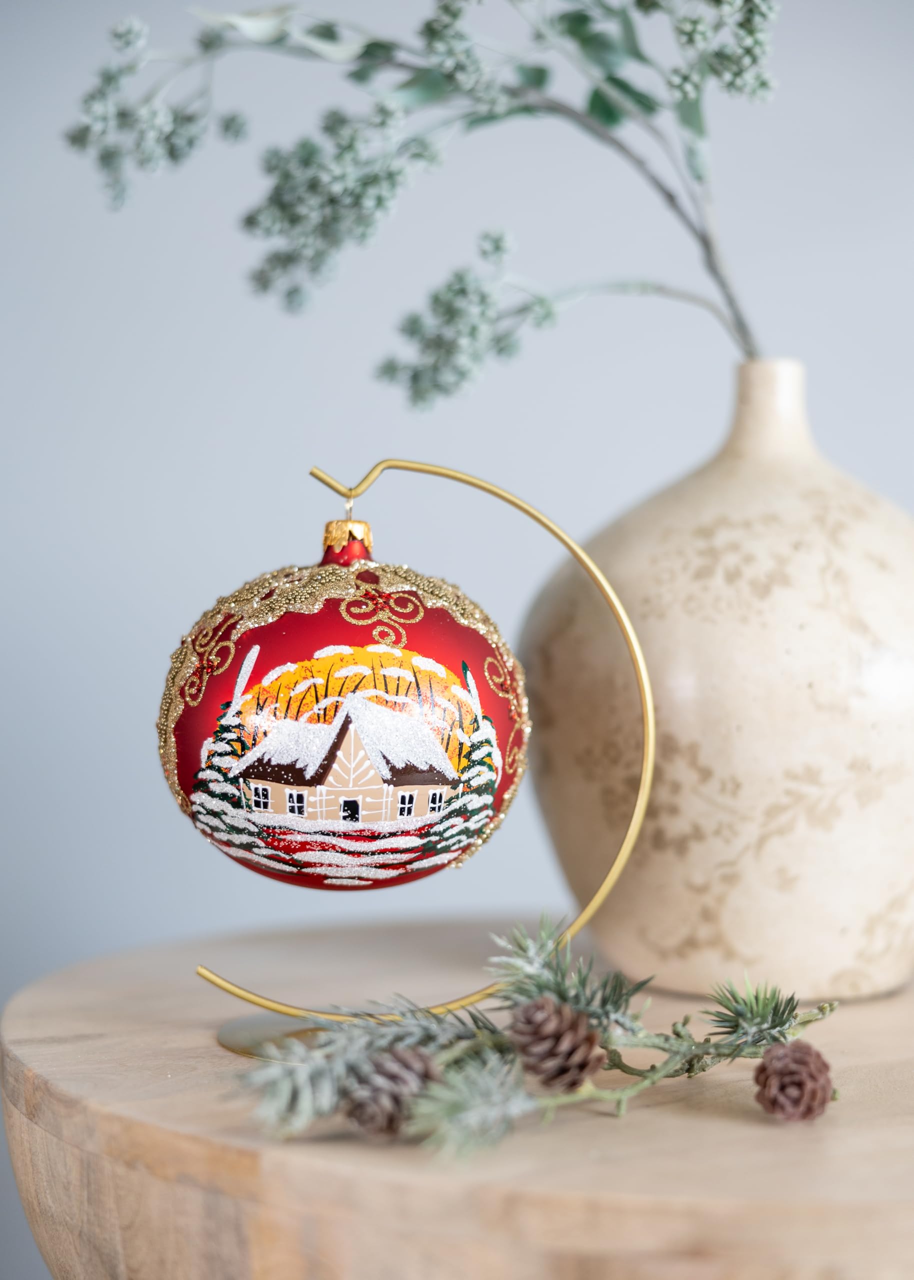 Bola de cristal soplado pintada a mano con diseño de Navidad, color rojo, tamaño mediano, 120 mm, hojas de muérdago
