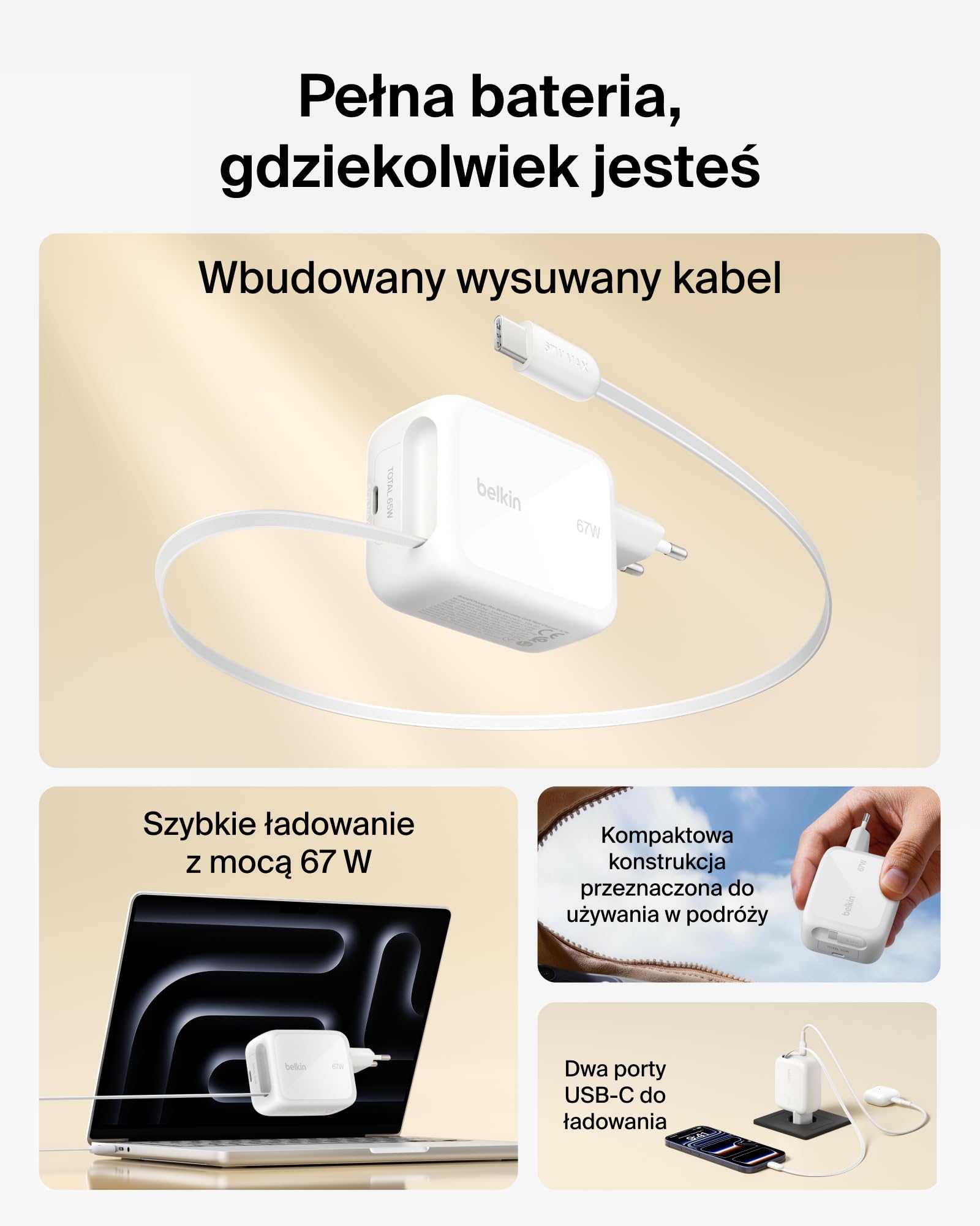 Belkin Ładowarka USB-C 67 W z Wysuwanym Kablem USB-C (1 m) i Portem USB C – Ładowarka GaN, Szybkie Ładowanie Urządzeń iPhone Serii 17 i 16, Galaxy Serii S26, AirPods, MacBook, Chromebook i Tabletów