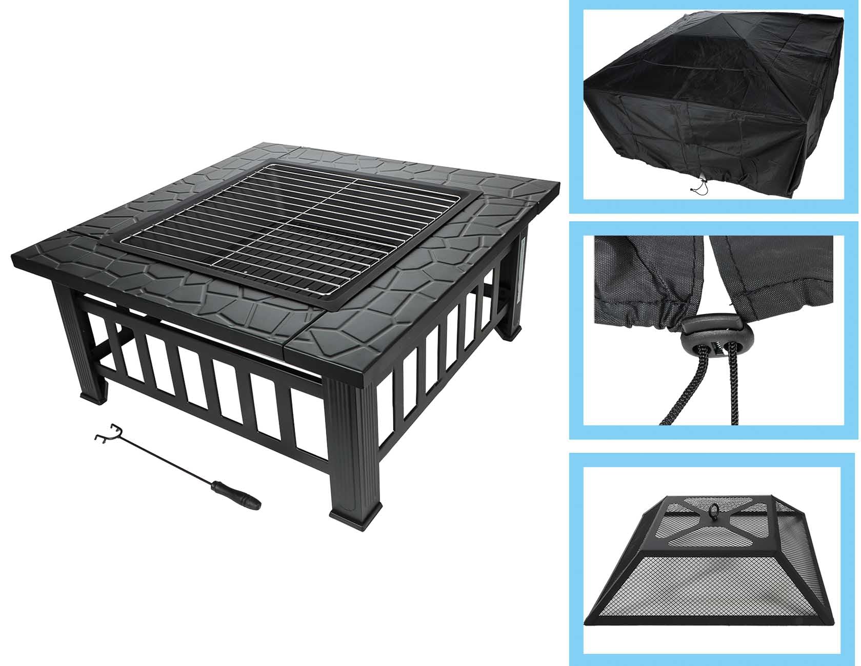 Feuerstelle für Terrasse und Garten in dekorativer Steinoptik, Terrassenofen und Grill mit Grillrost, Kohlerost, Abdeckhaube, Schürhaken und Regenplane