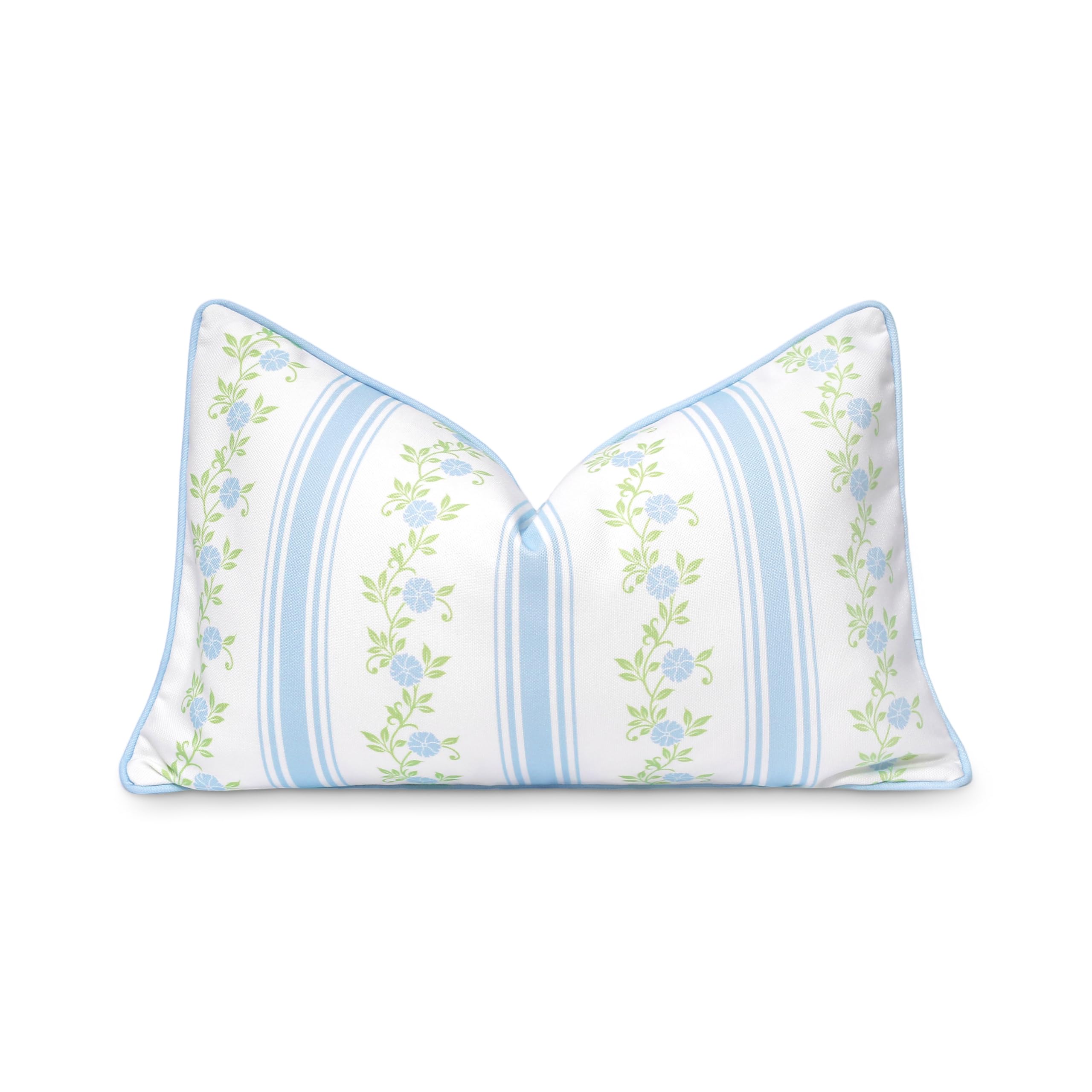 Hofdeco Premium Coastal Patio Indoor Outdoor Lumbar Pillow Cover Only, 12"x20" Water Repellent for Backyard, Couch, Baby Blue Print Stripe Floral
