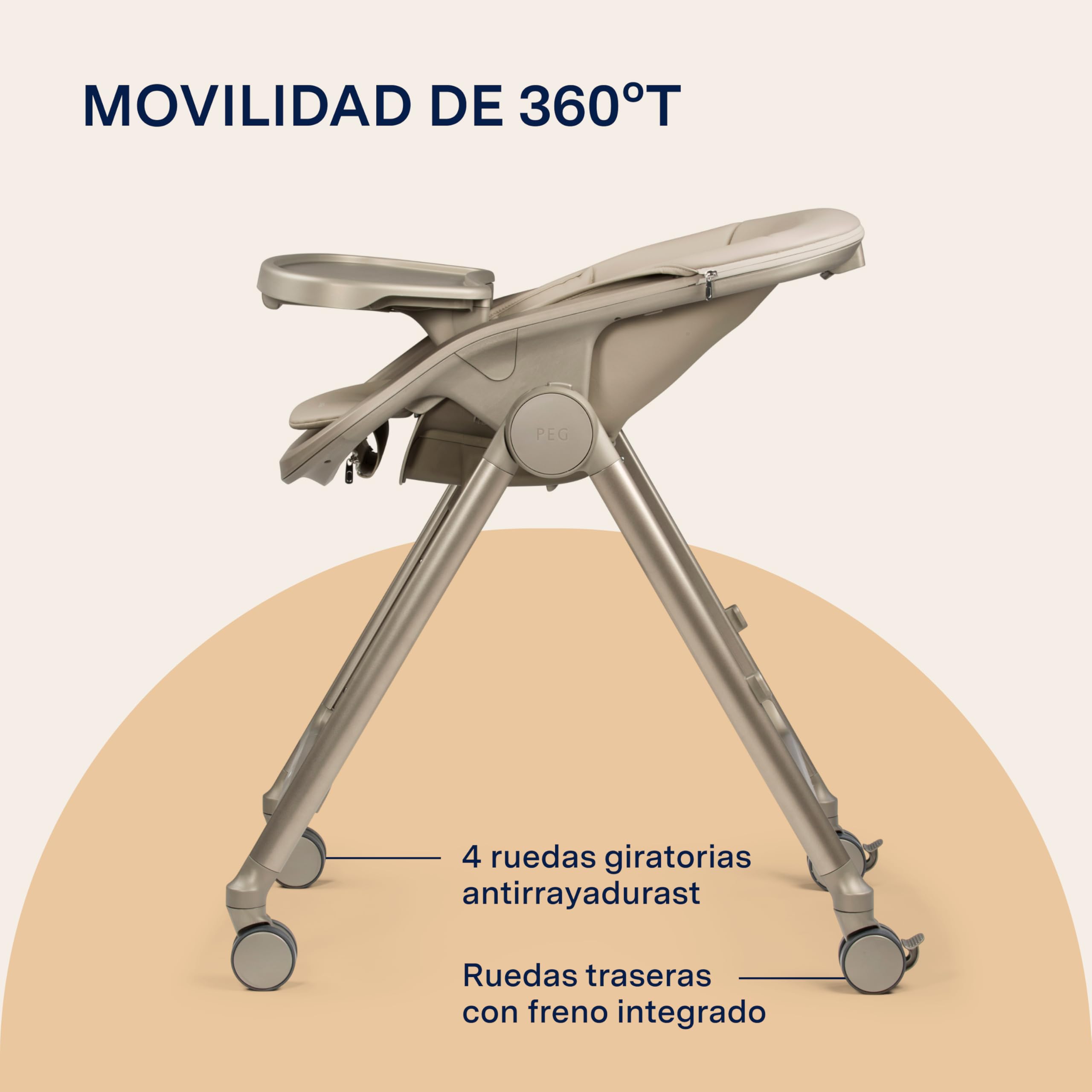 PEG Living Trona desde el Nacimiento, Diseño Contemporáneo, Función Hamaca, Altura Regulable, Bandeja Doble, 4 Ruedas 360°, Cierre Compacto, 0–3 Años (0–15 kg), Space Sand