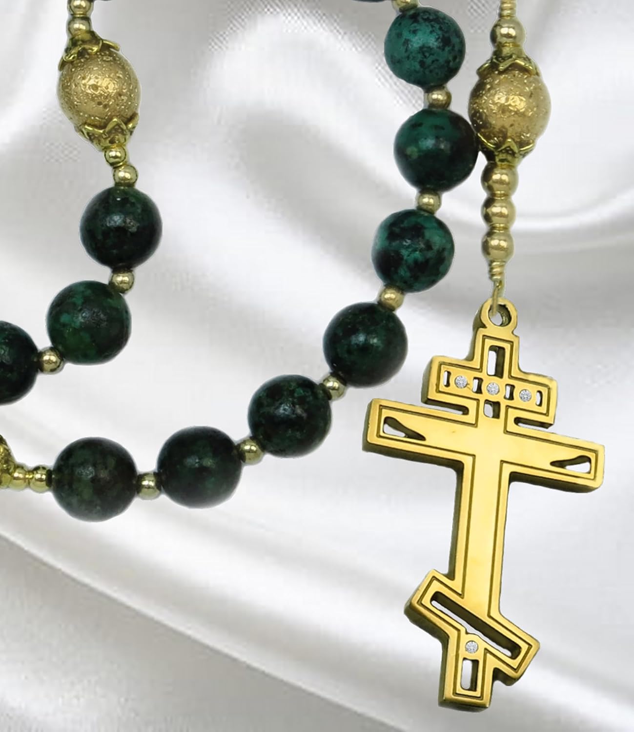 Handmade Eastern Orthodox Rosary African Turquoise and Gold Tone Stainless Steel Cross