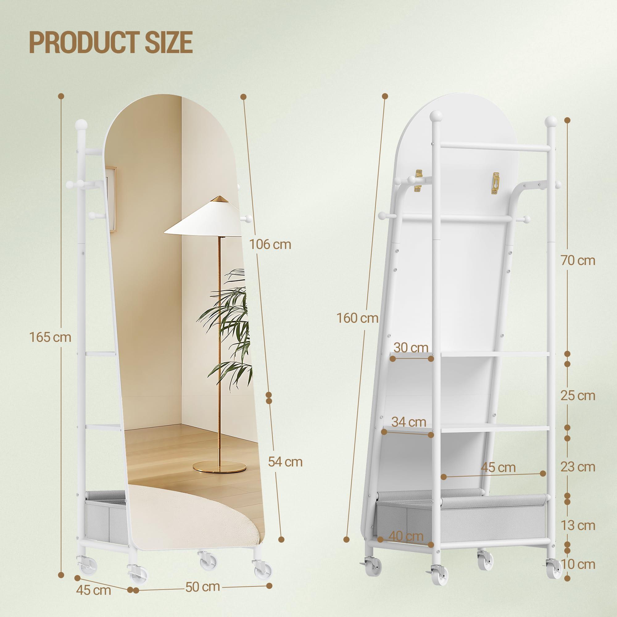 Hzuaneri Ganzkörperspiegel, Standspiegel mit Kleiderständer, 50 x160 cm, 360° Drehbare Rollen, Großer Spiegel mit Aufbewahrungsbox und Haken, für Schlafzimmer und Wohnzimmer, Weiß DM42203W