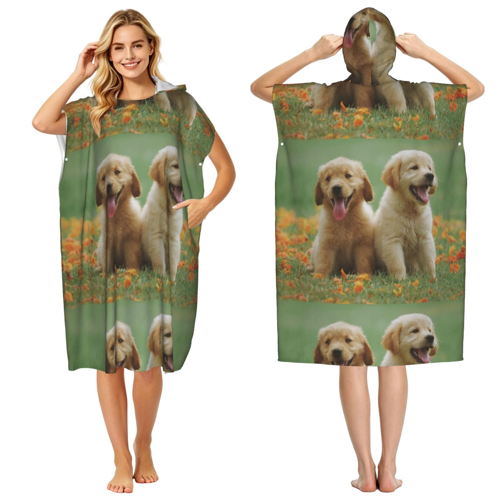 Poadnly Yellow Labrador Retriever Puppies, Adult Hooded Beach Towel 90 x 110 cm,Changing Bath Robe, Surf Poncho Towel For Women Men