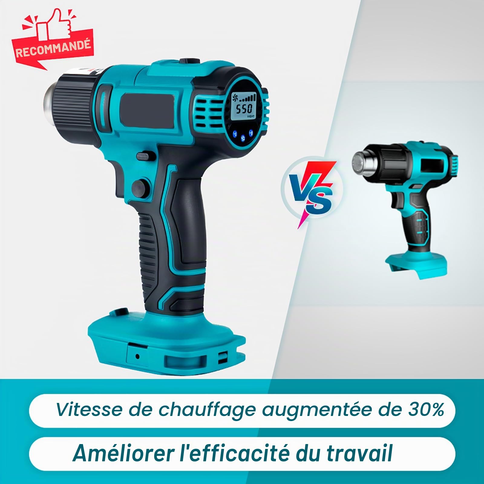 ONEVAN décapeur thermique sans fil, 50-550 °C pistolet thermique électrique pour Makita 18V, écran LCD numérique, pistolet a air chaud avec 5 buses et 2 grattoirs (sans batterie)