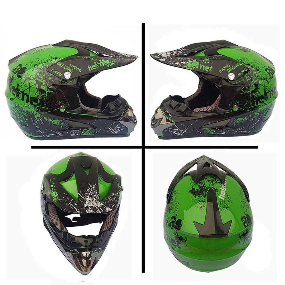 Motorradhelm,Motocross Helm,Helm Kinder,Helmets Kinder-Cross-Helm, Road Helm mit Handschuhe Maske Brille, ATV Helm,MTB green,57-58cm
