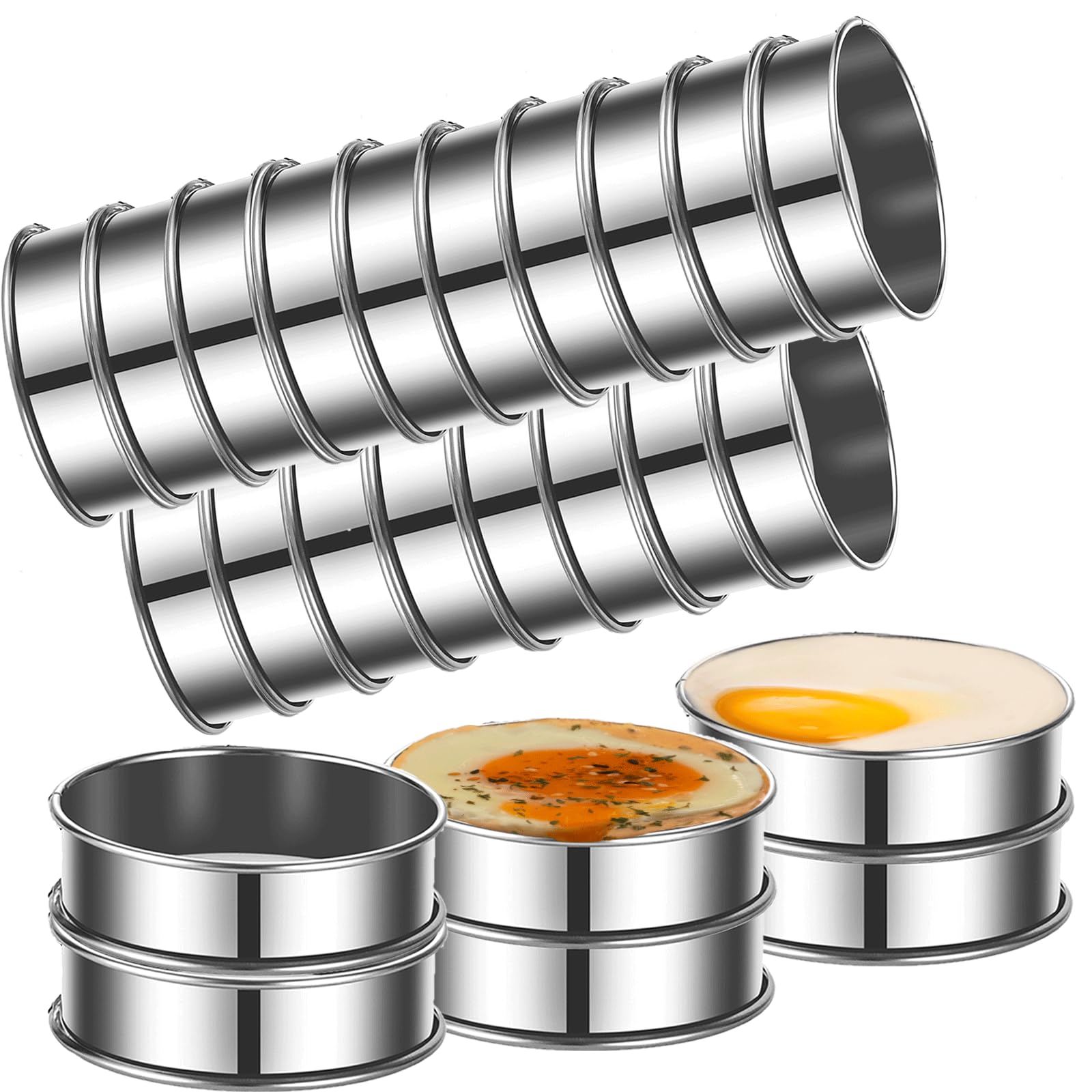 DATANYA 24Packs English Muffin Ring 3.15 Inch Crumpet Rings Stainless Steel Double Rolled Tart Rings, Round Metal Cooking Pastry Ring Molds for baking