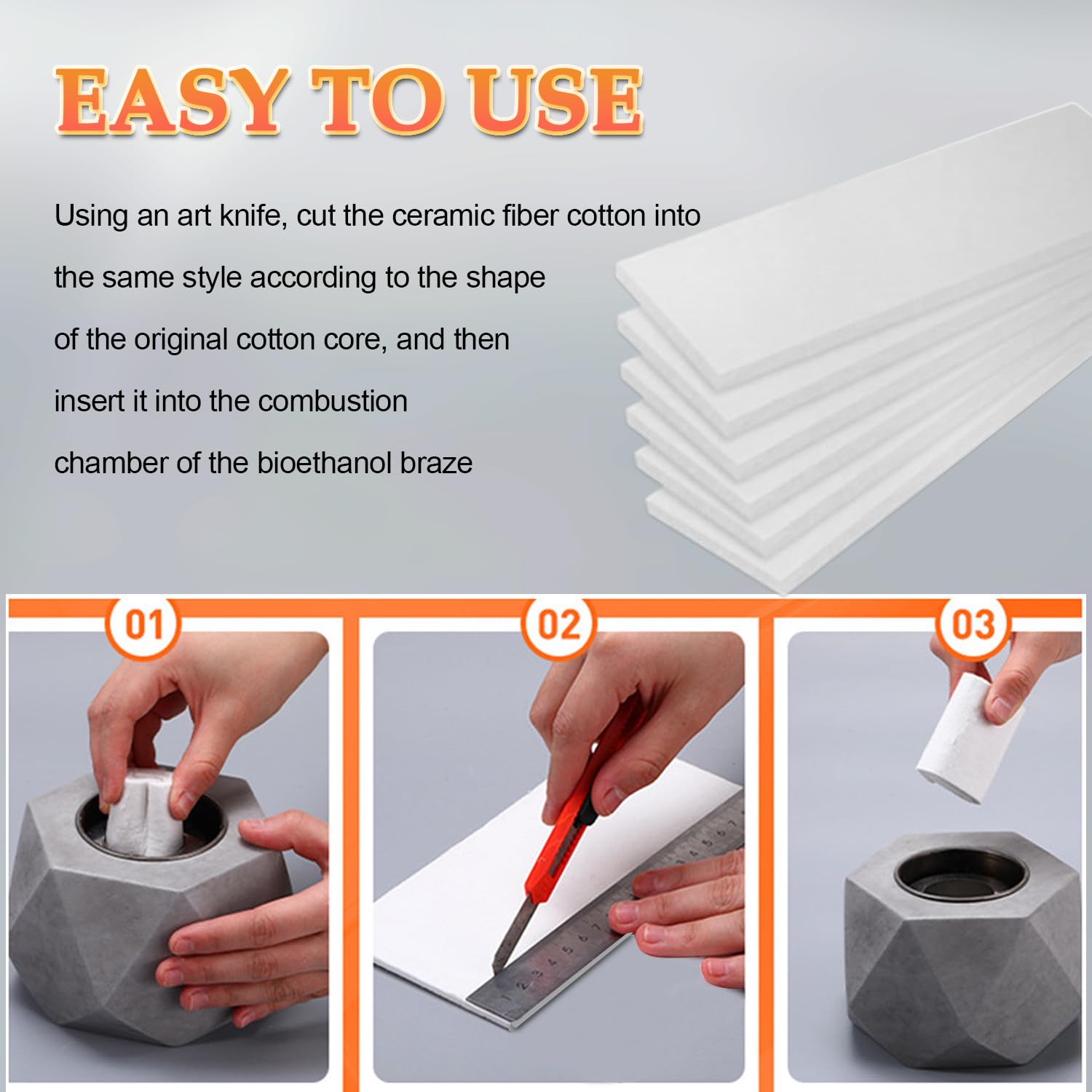 Lana de cerámica para bioetanol 300x100x10mm Esponja de cerámica de la chimenea en lana Adecuado para chimeneas, chimeneas de mesa, estufas de barbacoa (6 paquetes)
