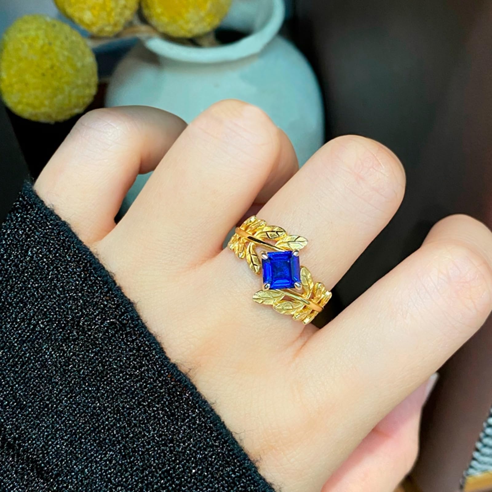 Alianzas de oro con zafiro creado de 1,5 quilates, elegante anillo de boda de oro real para mujer