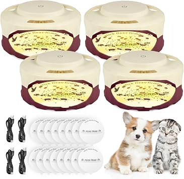 4 Pack Flea Traps for Inside Your Home,Type-C Powered Flea Trap Indoor with Dual Light 30 LED Lights, Indoor Flea Control Device & Bug Light Trap,16 Sticky Pads Refills for Bed&Living Room