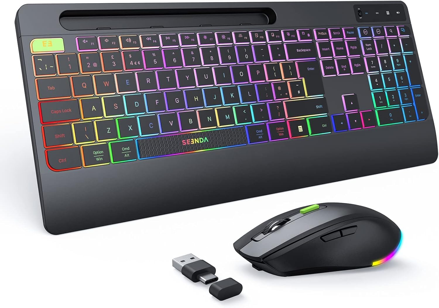 seenda Tastiera wireless 2.4G e mouse Combo con retroilluminazione arcobaleno, tastiera ricaricabile e mouse set UK layout full size con 2 in 1 USB C e USB A Dongle e Wirst Rest, nero